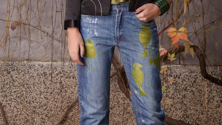 JEANS WITH GREEN BIRDS